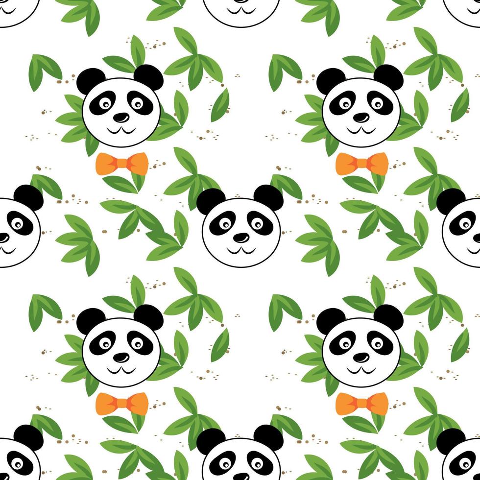 Nahtloses süßes Panda-Gesicht mit Fliege mit grünen Bambusblättern, Haustier im Cartoon-Stil. lustiger Babykinderdruck. Vektor-Illustration isoliert auf weißem Hintergrund vektor