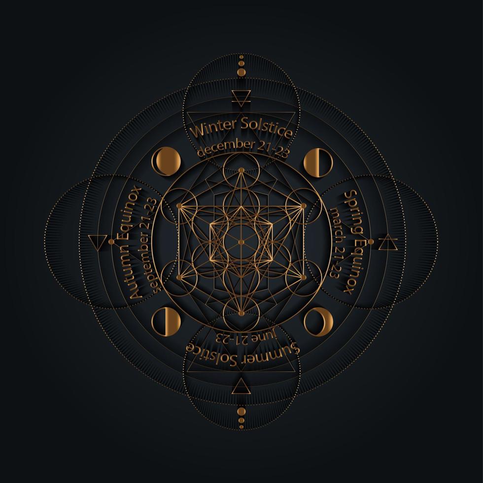 solstånd och dagjämningscirkel stiliserad som linjär geometrisk design med tunna guldlinjer på svart bakgrund med datum och namn, fyra element, luft, eld, vatten, jordsymbol. vektor illustration