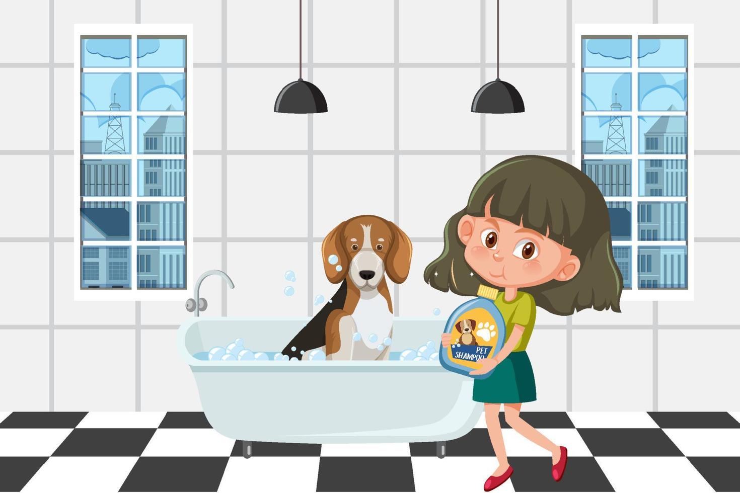 en tjej som tvättar sin beaglehund i badrummet vektor