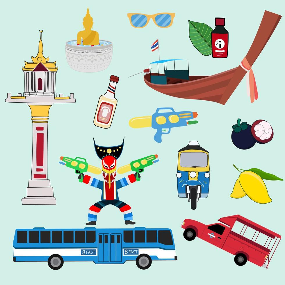 thailand och traditionellt med gatumat, transporter, landmärken och helgdagar. vektor illustration