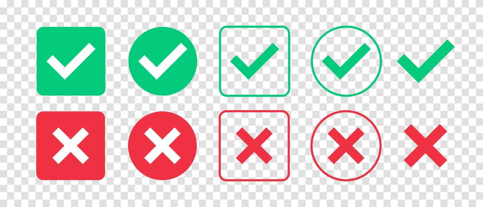 grön bock och röd kryssmarkering ikonuppsättning. isolerade bocksymboler. checklista tecken. godkännandebricka. platt och modern bockdesign. vektor illustration