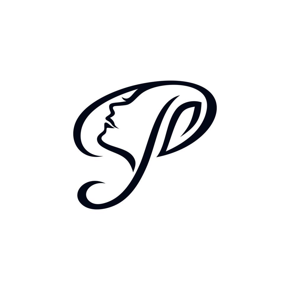 p Frauenlogo. eine Kombination des Buchstabens p mit einem Frauengesicht mit einer Vielzahl von Blättern vektor