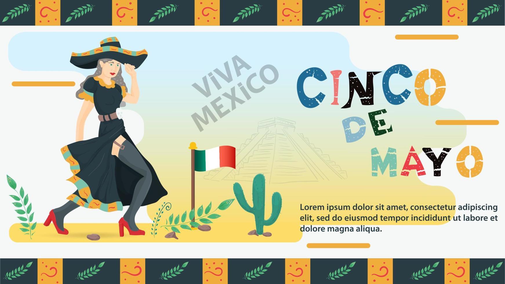 flache Designillustration des Vektors auf dem Thema des mexikanischen Feiertags Cinco de Mayo eine Frau in einem schwarzen Kleid und in den Strümpfen hält einen Sombrerokopfschmuck mit ihrer Hand vektor