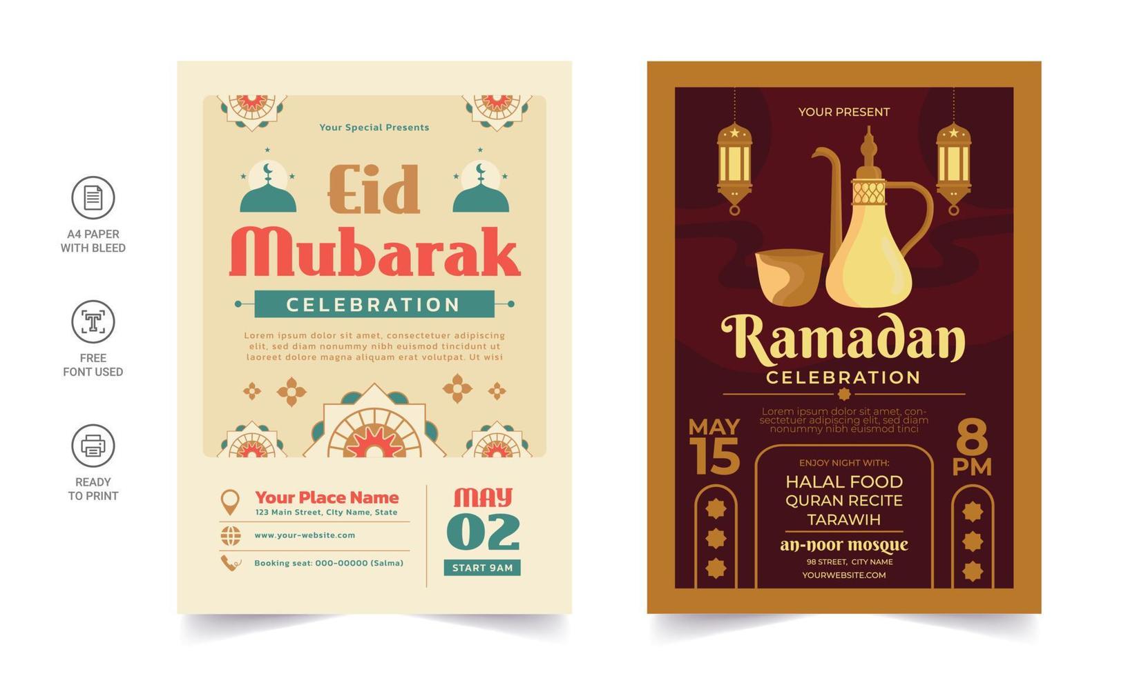 ramadan kareem flygblad. ramadan kareem uppsättning affischer eller inbjudningar design. dekorativa retro gratulationskort eller inbjudan layout design vektor