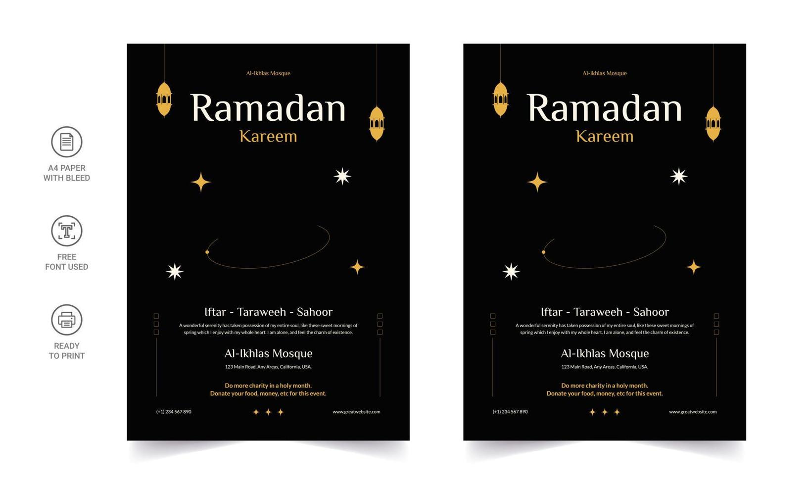 ramadan kareem flygblad. ramadan kareem uppsättning affischer eller inbjudningar design. dekorativa retro gratulationskort eller inbjudan layout design vektor