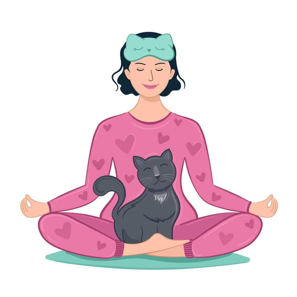 Illustration Frau im Schlafanzug, die Yoga-Asana-Haltung mit ihrer Katze macht. vektor