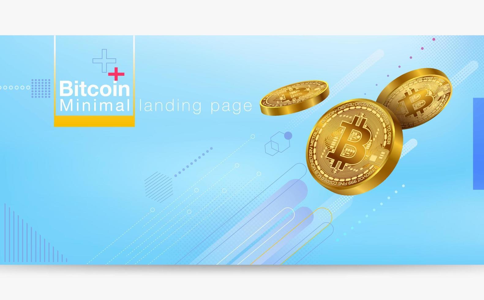 Bitcoin-Kryptowährungs-Grafikkonzept-Landingpage mit goldenen Bitcoins minimalem grafischem weichem blauem Hintergrund. vektor