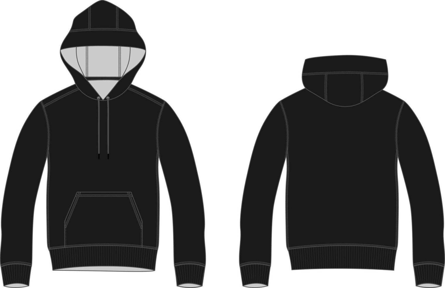 luvtröja. teknisk mode platt skiss vektor mall. kläder av bomullsfleece tyg huva med dragkedja tröja illustration svart färg mock fram, vyer bak. kläder ytterkläder herr topp cad.