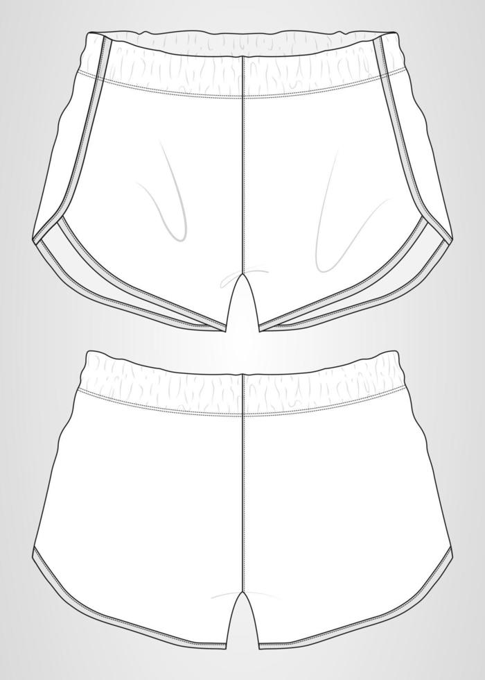 kurze hose insgesamt technische mode flache skizze vektor illustration vorlage von männern und frauen. bekleidung baumwollstoff sport shorts verspotten vorder- und rückansichten. Kleidungsdesign einfach editierbar.