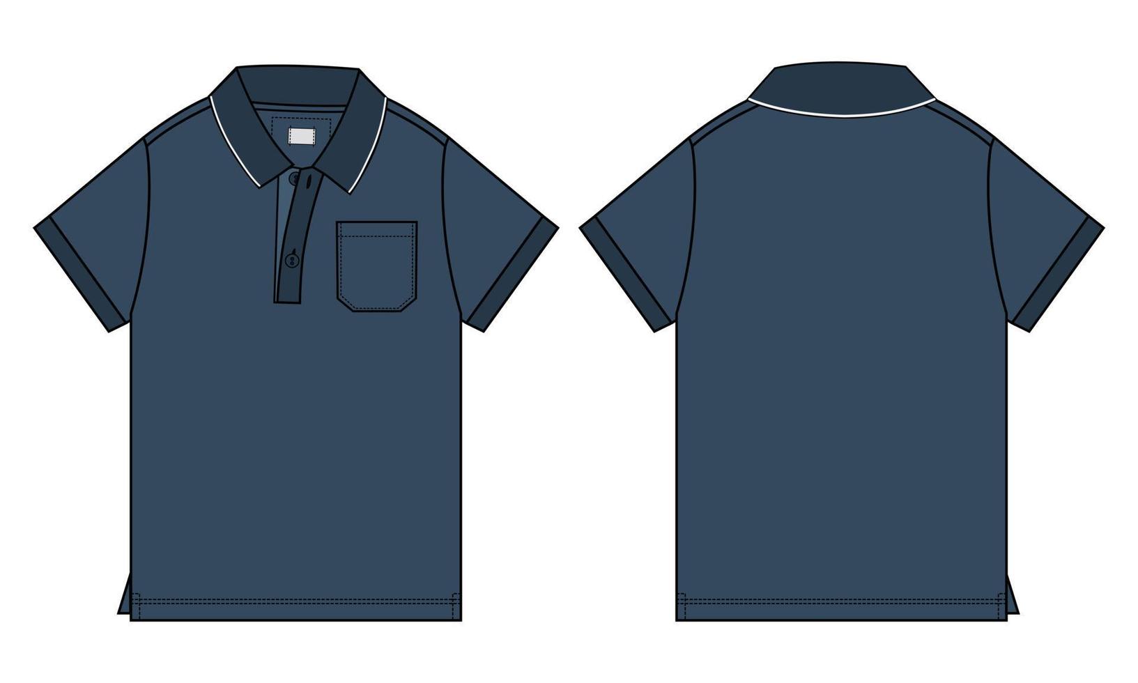 Kurzarm-Poloshirt technische Mode flache Skizze Vektor-Illustration marineblaue Farbvorlage Vorder- und Rückansichten isoliert auf weißem Hintergrund. vektor