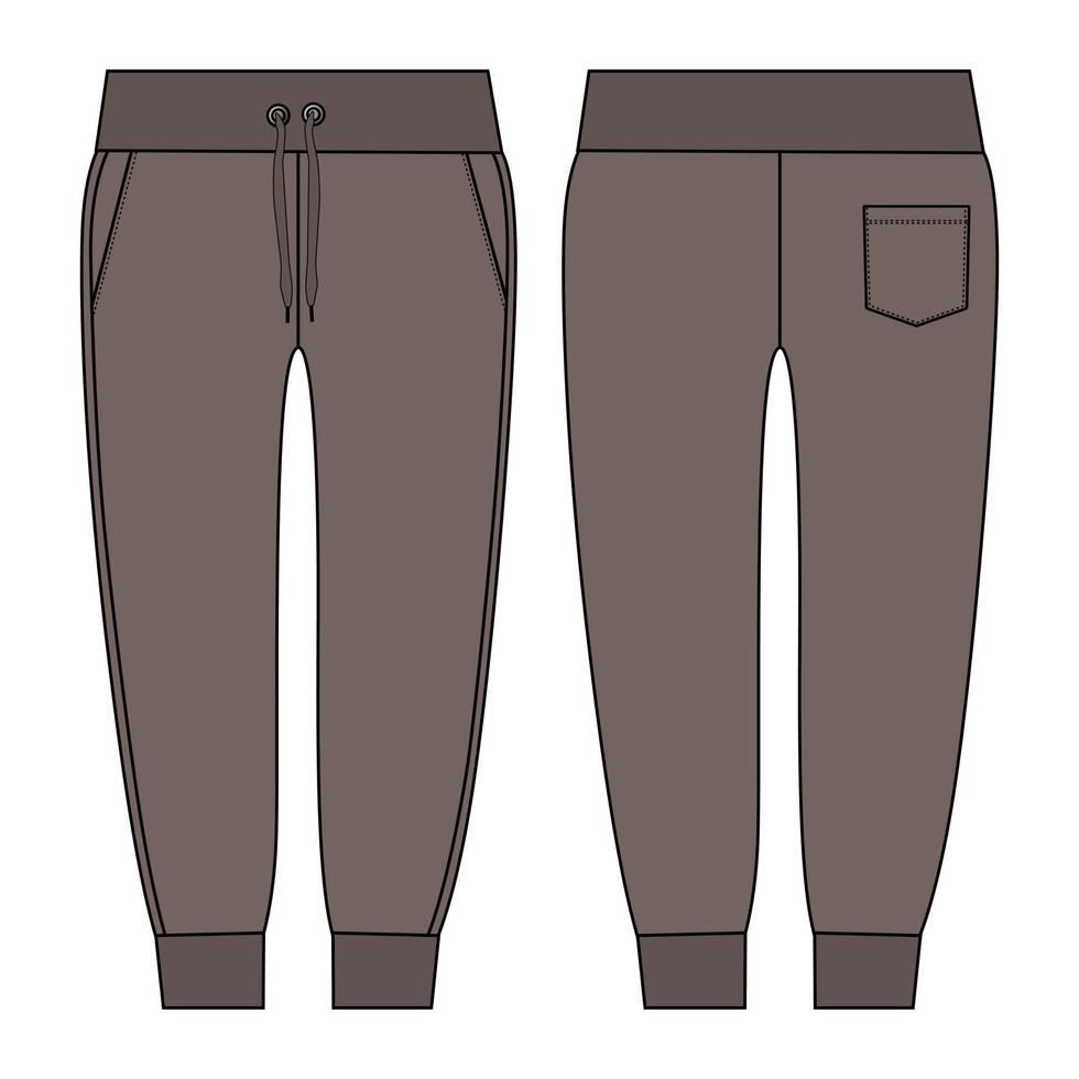 Joggerhose Mode technische flache Skizze Vektor khakifarbene Farbvorlage Vorder-, Rückansicht. slim fit sport jogger mode cad technische skizze vektor mock up cad.