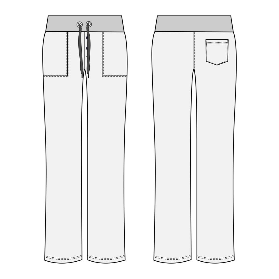 Joggerhose insgesamt technische Mode flache Skizze, Bekleidungsvorlage Vorder- und Rückansicht. Hose mit hohem Bund und entspannter Passform, elastischer Bund mit Kordelzug. Vektor Vorlage Bekleidung Kleidung Mock-up.