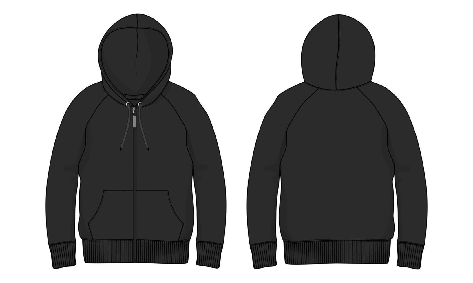 Langarm Hoodie Vektor Illustration schwarze Farbvorlage Vorder- und Rückansicht isoliert auf weißem Hintergrund.