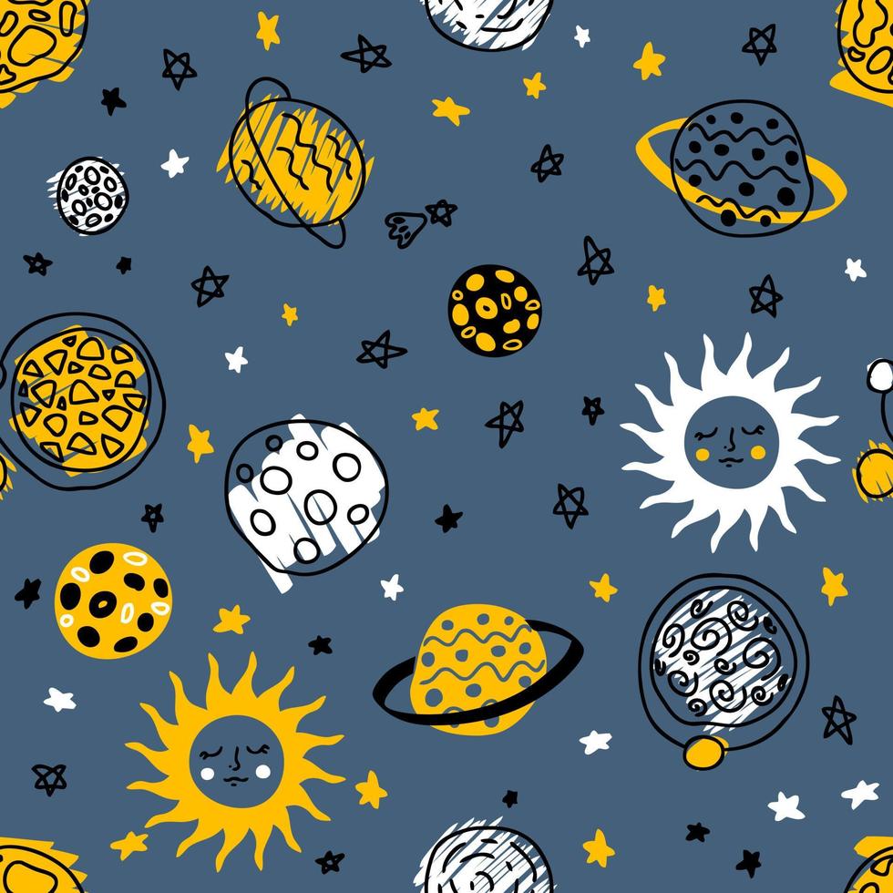 Gekritzelkosmos nahtloses Muster mit Sonne und Planeten im Weltraum. perfekt für t-shirt, textil und druck. hand gezeichnete vektorillustration für dekor und design. vektor