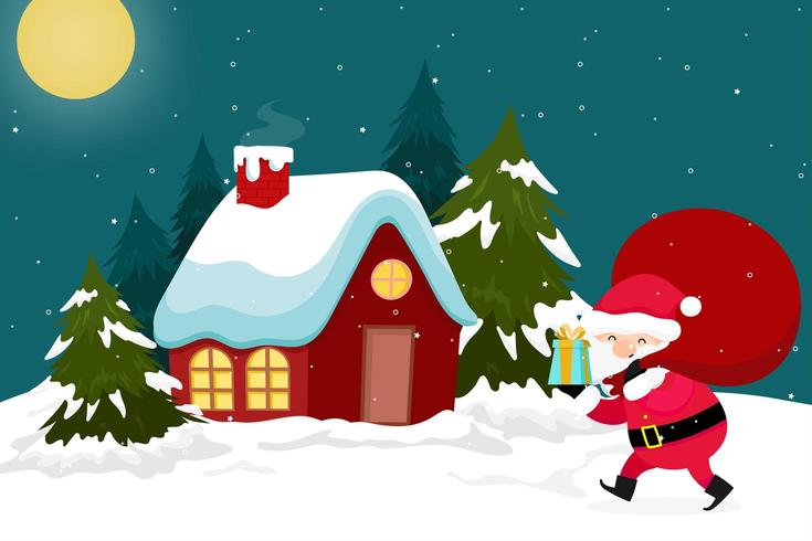 Jul gratulationskort med Santa levererande presenter vektor