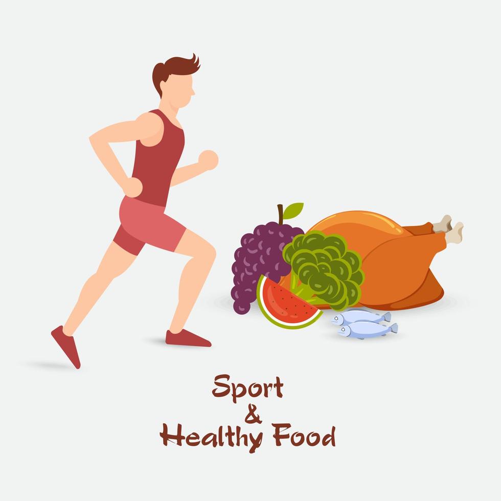 Sport und gesunde Lebensmitteldesign-Vektorillustration. Running Man und gesundes Essen wie Obstgemüse, Fisch, Hühnervektor. vektor