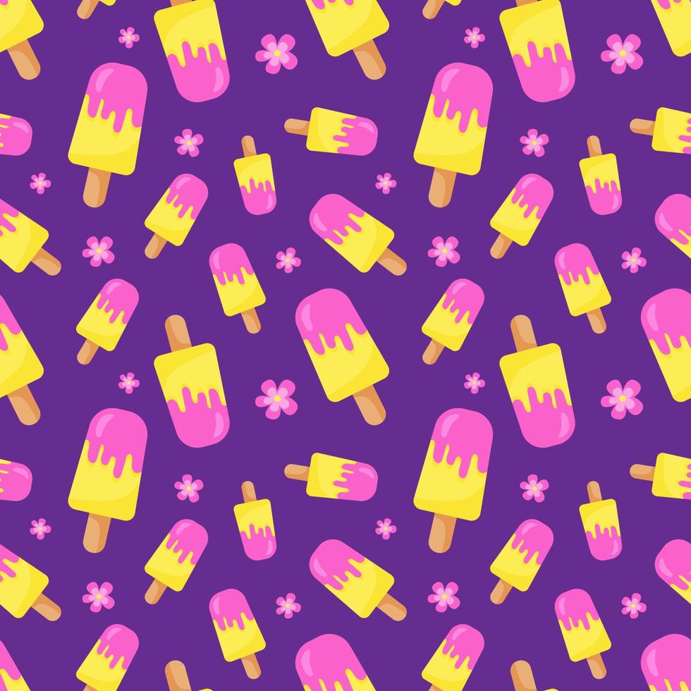 lustiges nahtloses muster mit bunten eiscremes auf stick. gelbe, rosa und lila Farben. positive Sommerstimmung. endloses Design. Druck für Textilien, Kleidung, Geschenkpapier, Karten, Design und Dekoration vektor