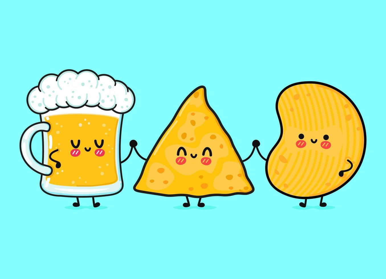 söta, roliga glada glas öl, nachos och chips. vektor handritad serie kawaii tecken, illustration ikon. roliga glada tecknade glas öl nachos chips maskot vänner emoji, barn, baby, ansikte