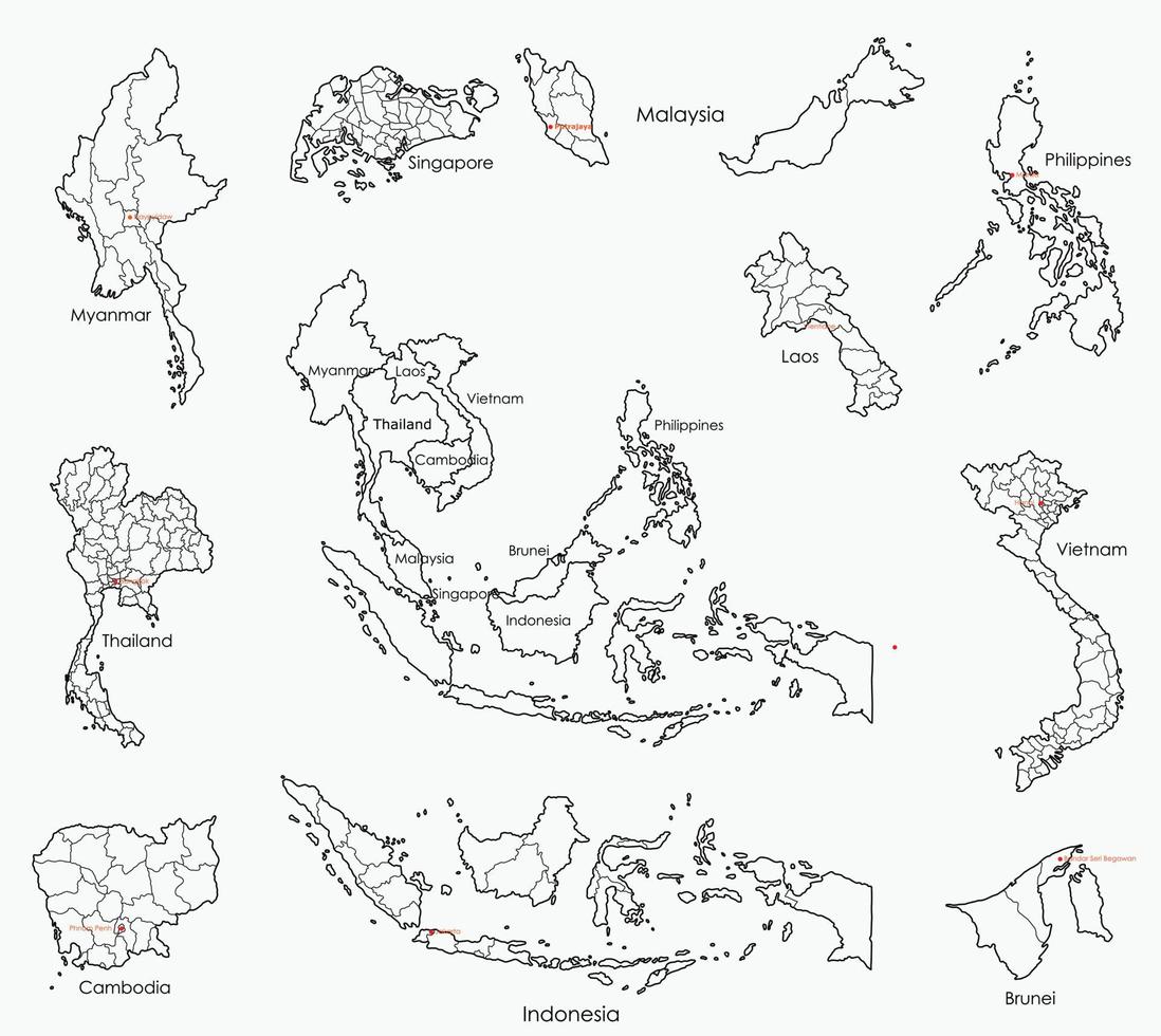 Doodle-Freihandzeichnungskarte der Länder Südostasiens. vektor