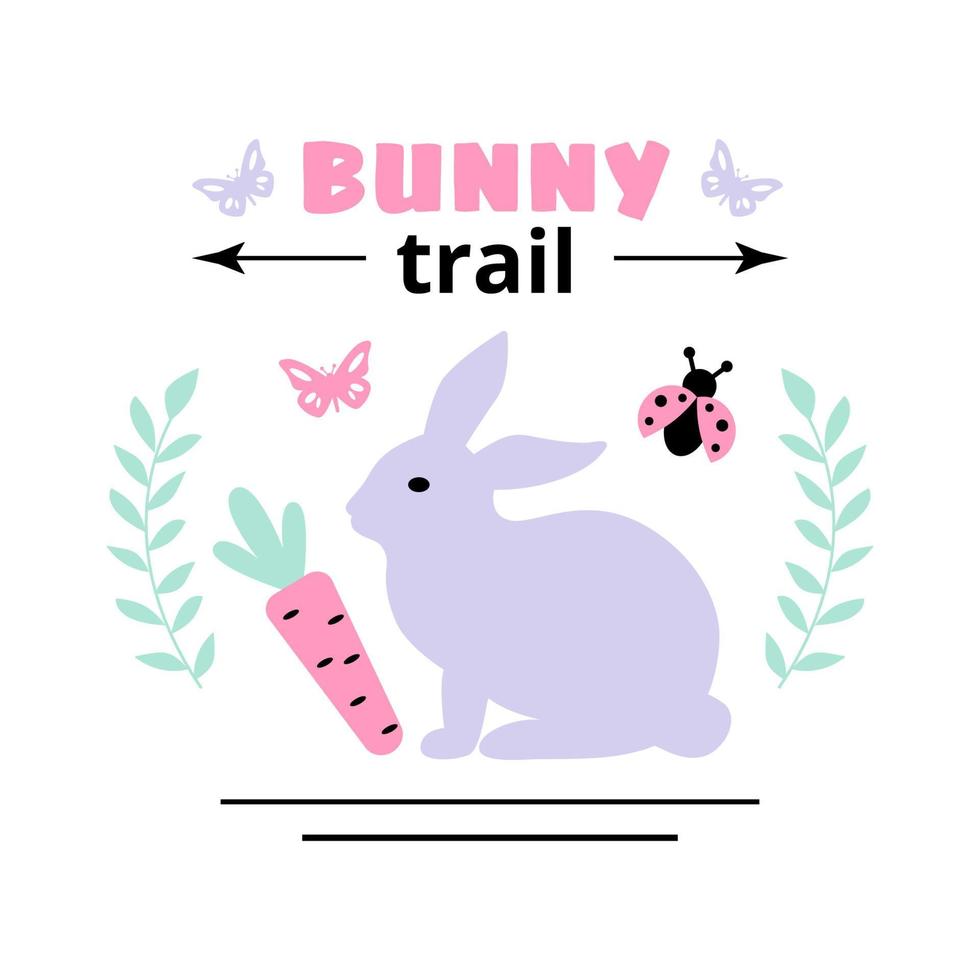 bunny trail påsk citat. påskhare kort - söt kanin, dam bugg, morot vektorillustration. trendiga pastellfärger. mallar för gratulationskort. vektor