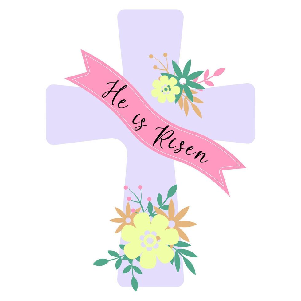 er ist auferstanden - osterfest zitat. religiöses Kreuz mit Blumen in Pastellfarben. Stock-Vektor-Illustration isoliert auf weißem Hintergrund. Grußkartenvorlagen. vektor