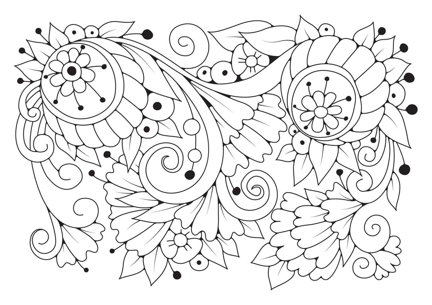 vektor illustration för målarbok. svart och vit blommig bukett med löv.