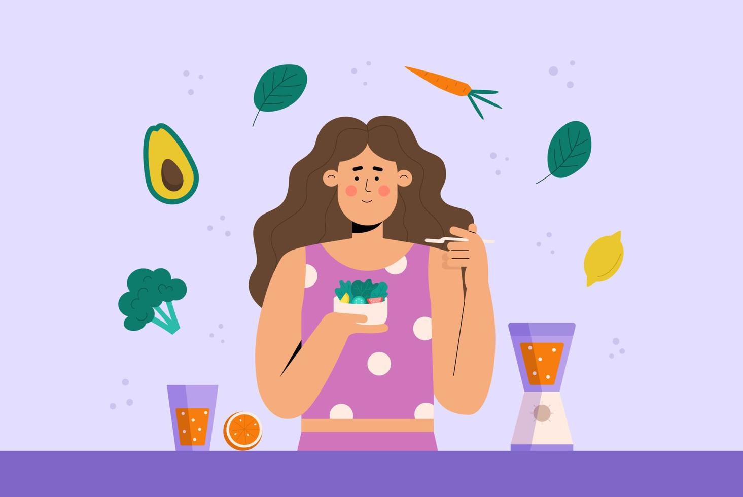 junge Frau isst Salat. Konzept für gesunde Ernährung vektor