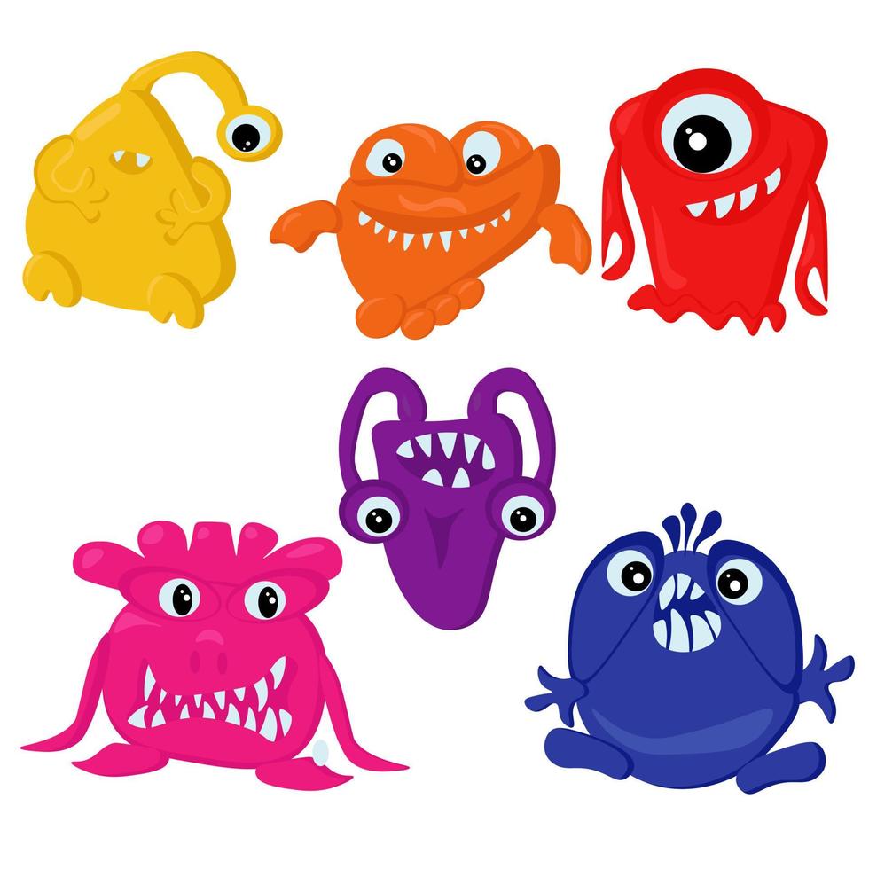 uppsättning positiva monster i olika färger, seriefigurer för halloween vektor