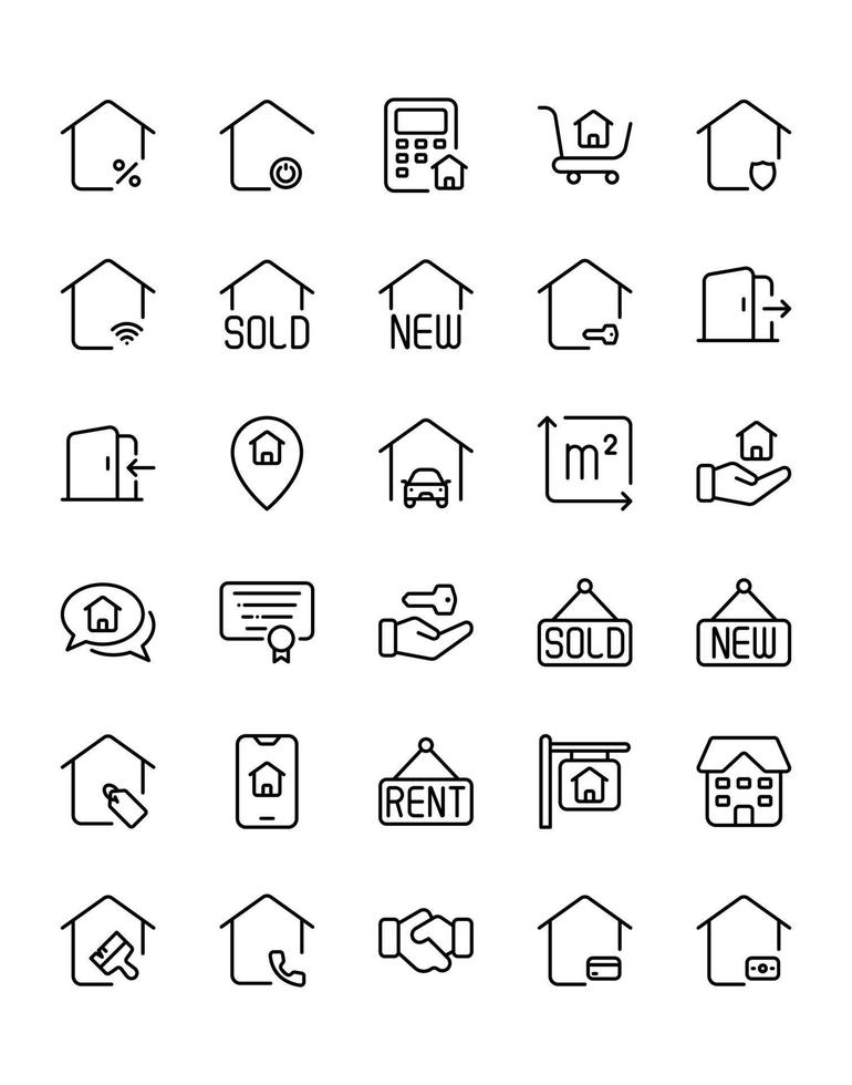 Immobilien-Icon-Set 30 isoliert auf weißem Hintergrund vektor