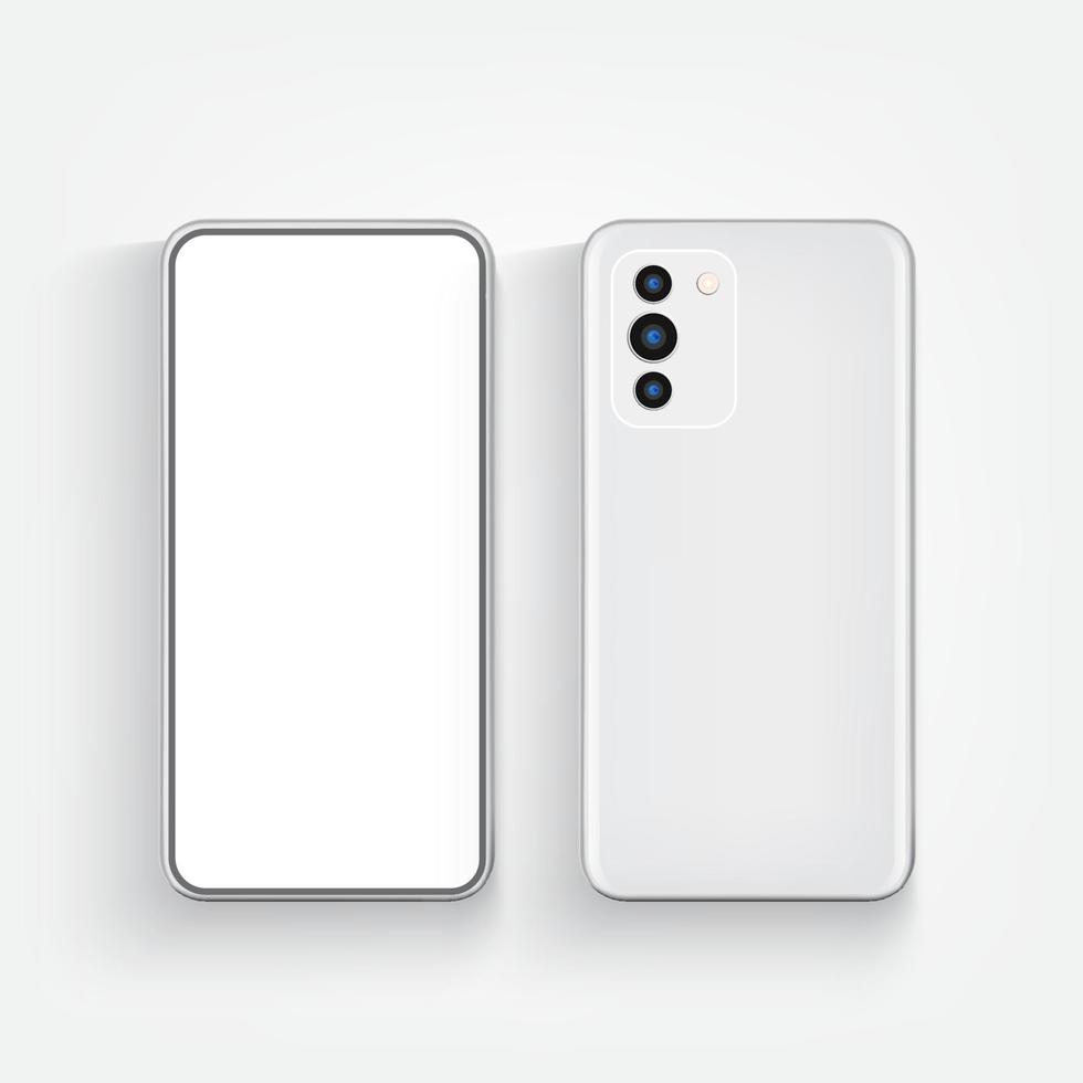 modern realistisk telefon framifrån och bakifrån. vit skärm smartphone. vektor illustration.