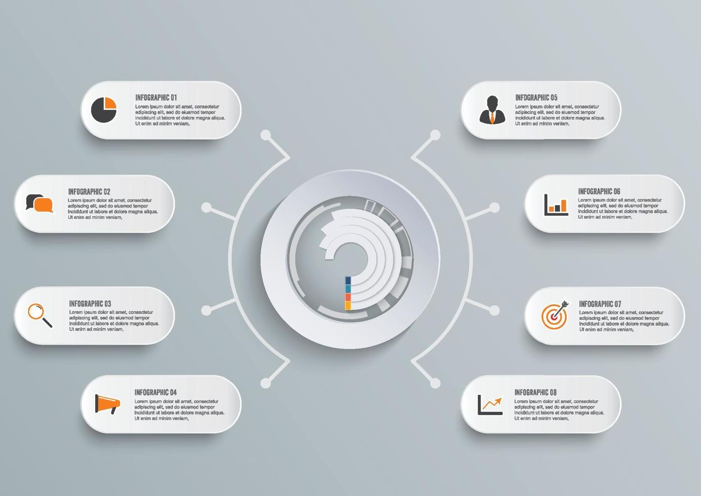 vektor infographic mall med 3d pappersetikett, integrerade cirklar. affärsidé med 8 alternativ. för innehåll, diagram, flödesschema, steg, delar, tidslinjeinfografik, arbetsflöde, diagram.