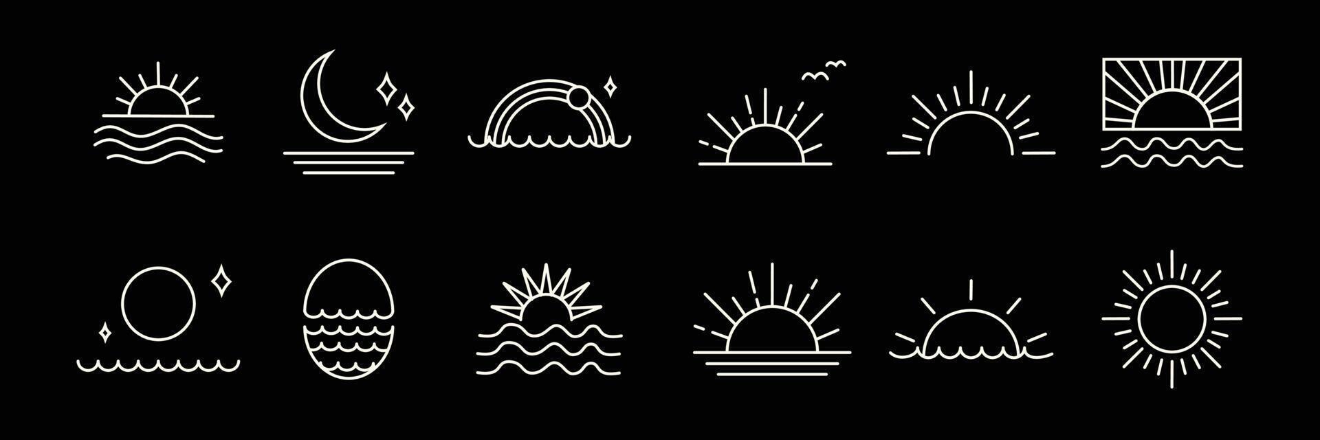 samling av solnedgång eller soluppgång. solen logotyp i boho stil ikon och symbol. vektor element illustration för dekoration i modern minimalistisk stil. bohemisk naturdesign.