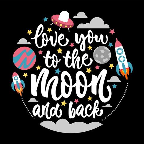 liebe dich zum Mond und zurück Schriftzug Karte vektor