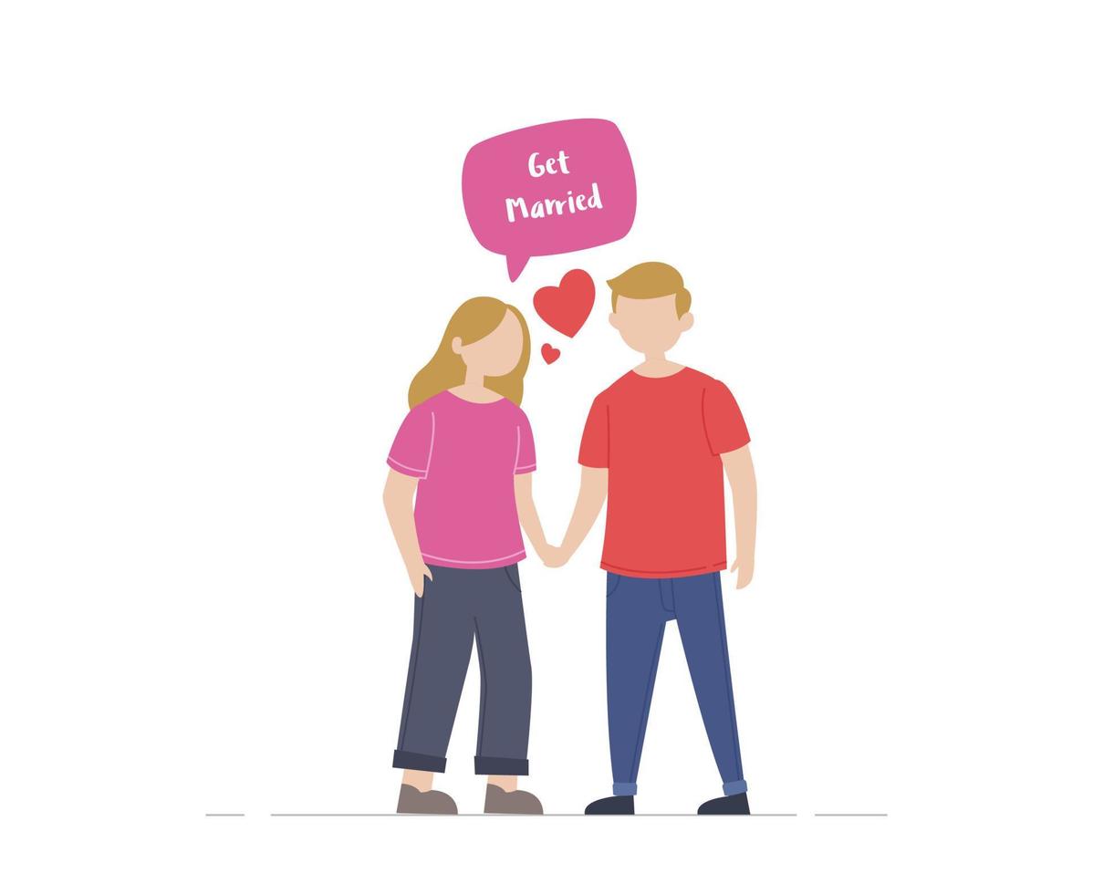 ett par ungdomar. förälskat par, ett ungt par gift. man och kvinna håller händerna på en vit bakgrund. vektor illustration i platt stil