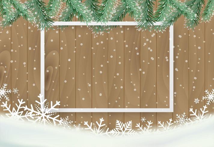 Julbakgrund med snöflingan på trä och den vita ramen vektor