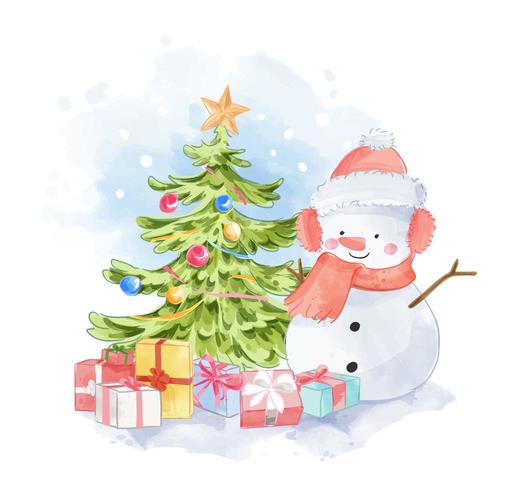 söt snögubbe med presenter och julgran vektor