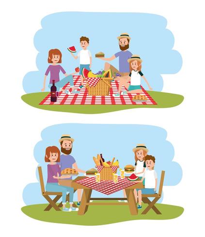Familie zusammen mit Korb zur Picknick-Erholung vektor