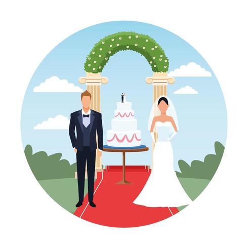 Hochzeitspaar Cartoon mit Kuchen vektor