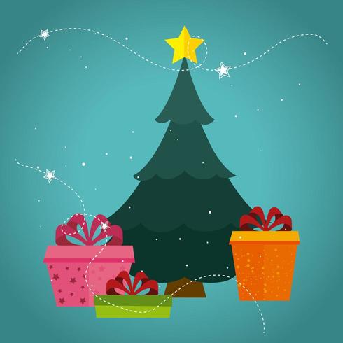 Glad julkortdesign med träd och presenter vektor