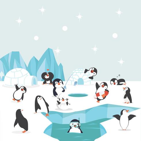 grupp pingviner i nordpolen som gör olika aktiviteter vektor