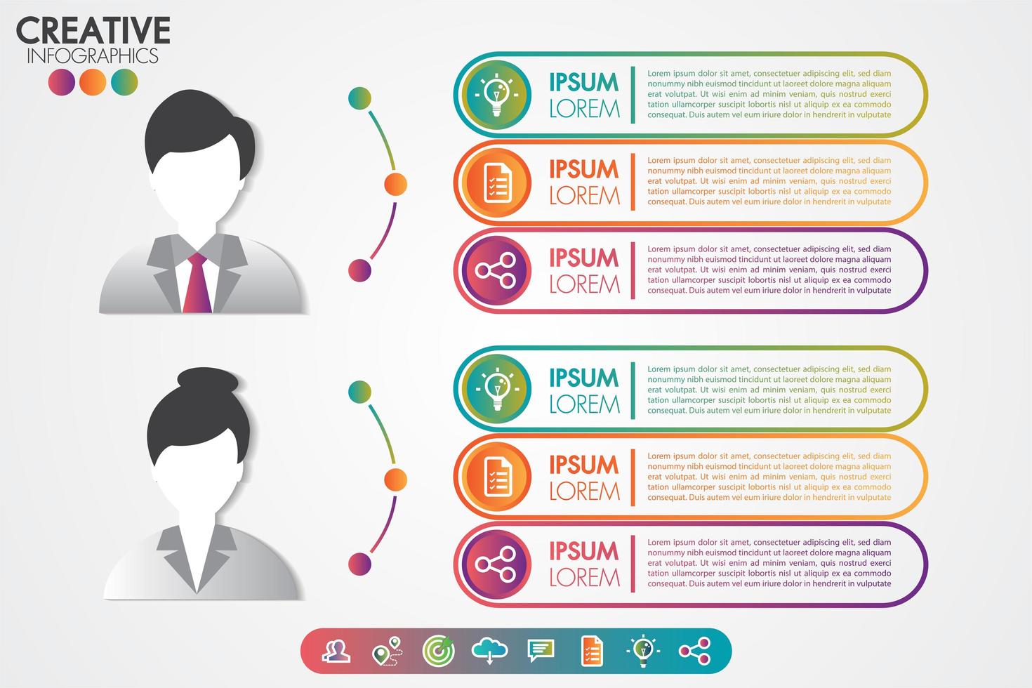 Infographics mall män och kvinnor symbol avatar med ikoner set vektor