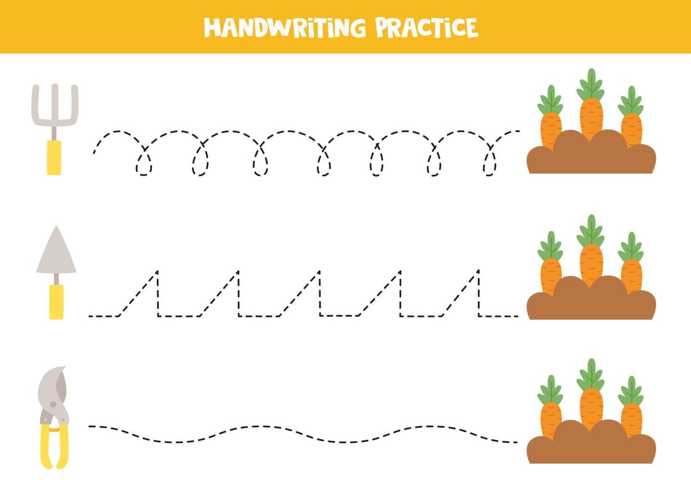 spårningslinjer för barn. tecknade trädgårdsredskap. skrivövning. vektor