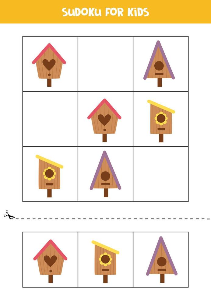 pedagogiskt sudokuspel med söta fågelholkar för barn. vektor