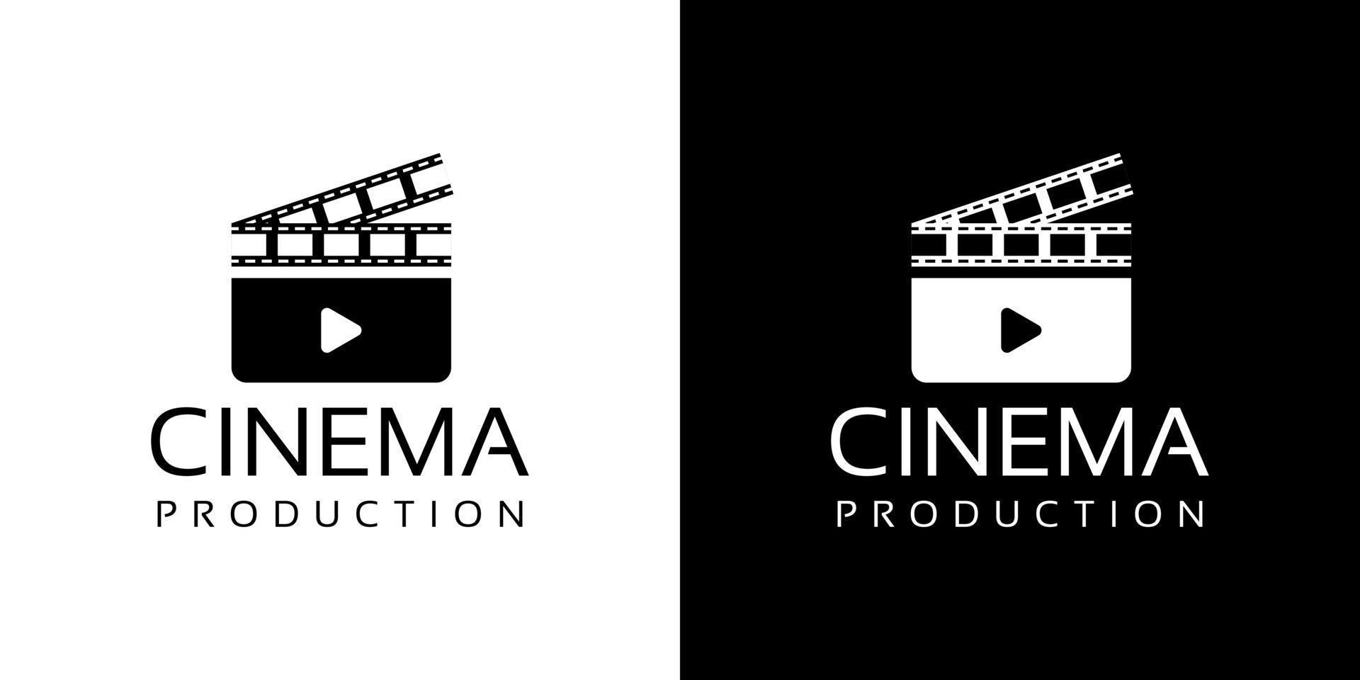 biograf film film logo design med klaffbräda och filmremsa vektor