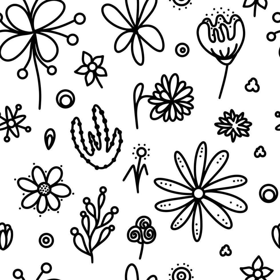 abstrakt teckning av söta blommiga vårmönster i svart på en vit bakgrund. vektor seamless mönster med handritad trädgård blomma, växter, botaniska gjorda med en borste. för mode, tyg, tapeter