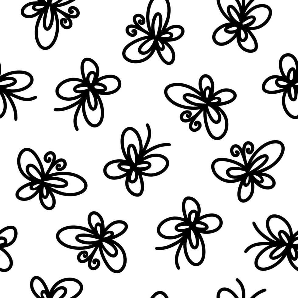 abstraktes schwarz-weißes nahtloses Muster aus schwarzen Schmetterlingen, Hintergrund, Streifen, Insekten. handgezeichneter abstrakter hintergrund aus linien. handgezeichnete Tuschezeichnung und Textur. Vektor-Illustration vektor