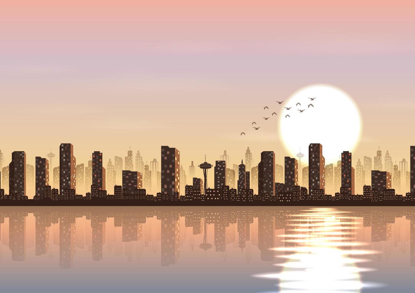 vektor illustration av staden vid solnedgången bakgrund bredvid en flod
