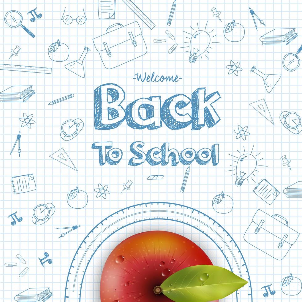 välkommen tillbaka till skolan bakgrund med rött äpple vektor