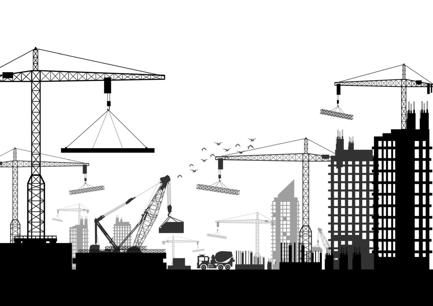 Vektorgrafik von Silhouetten von Kränen, die am Gebäude arbeiten vektor