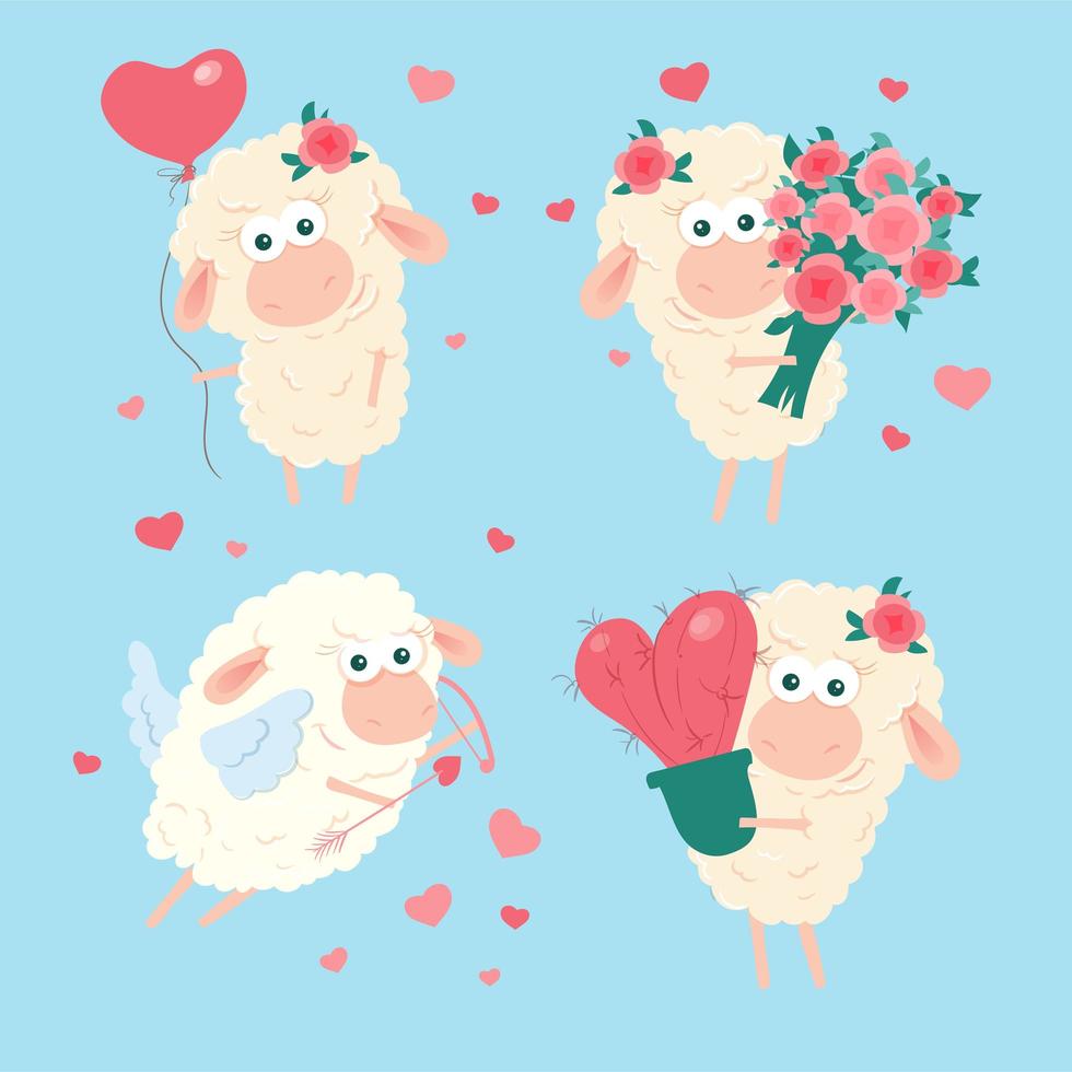 Tecknad lammuppsättning för St. Valentine&#39;s Day. Vektorillustration vektor